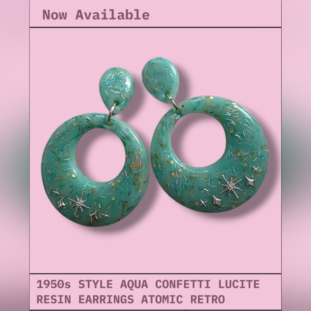 Vintage Style Aqua Confetti Lucite Resin Earrings 1950s Retro Atomic Starburst